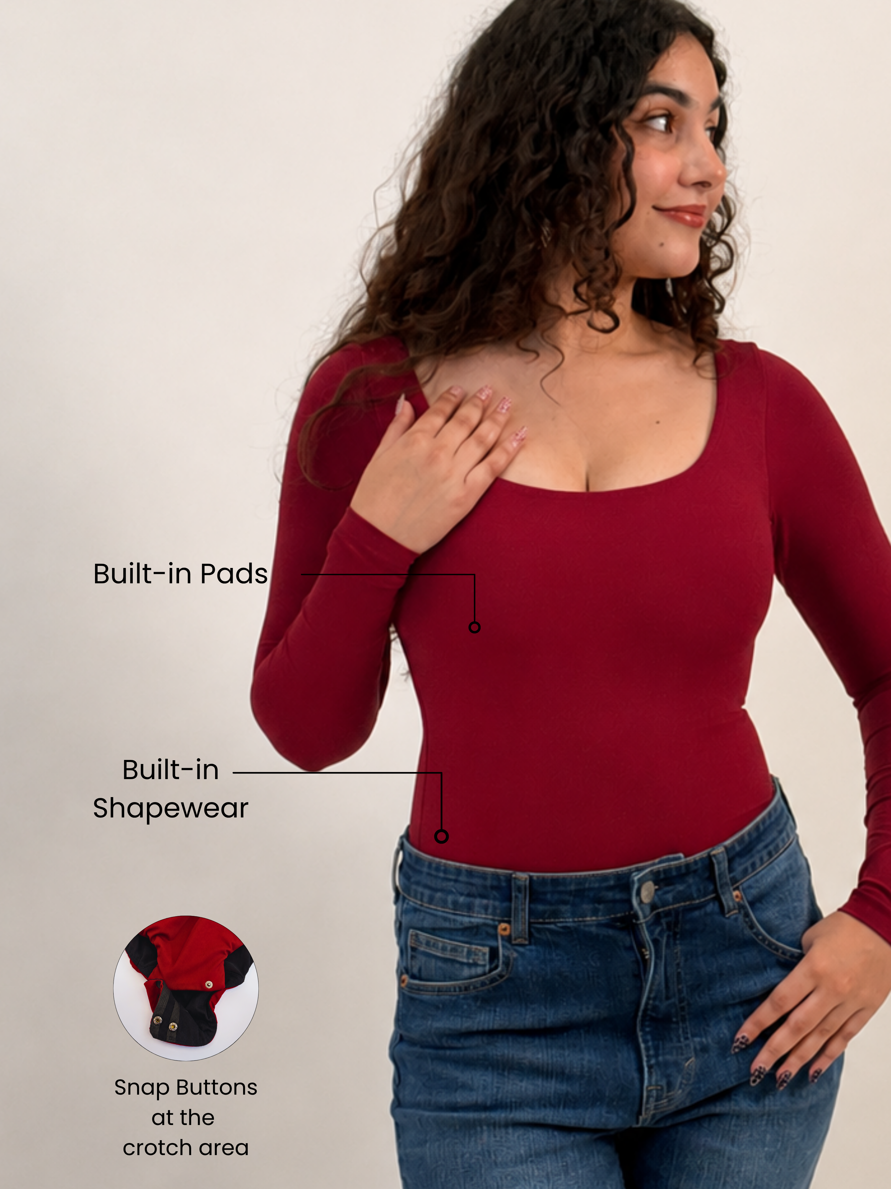 CHERRY RED FULL SLEEVES BUILT-IN SHAPEWEAR BODYSUIT