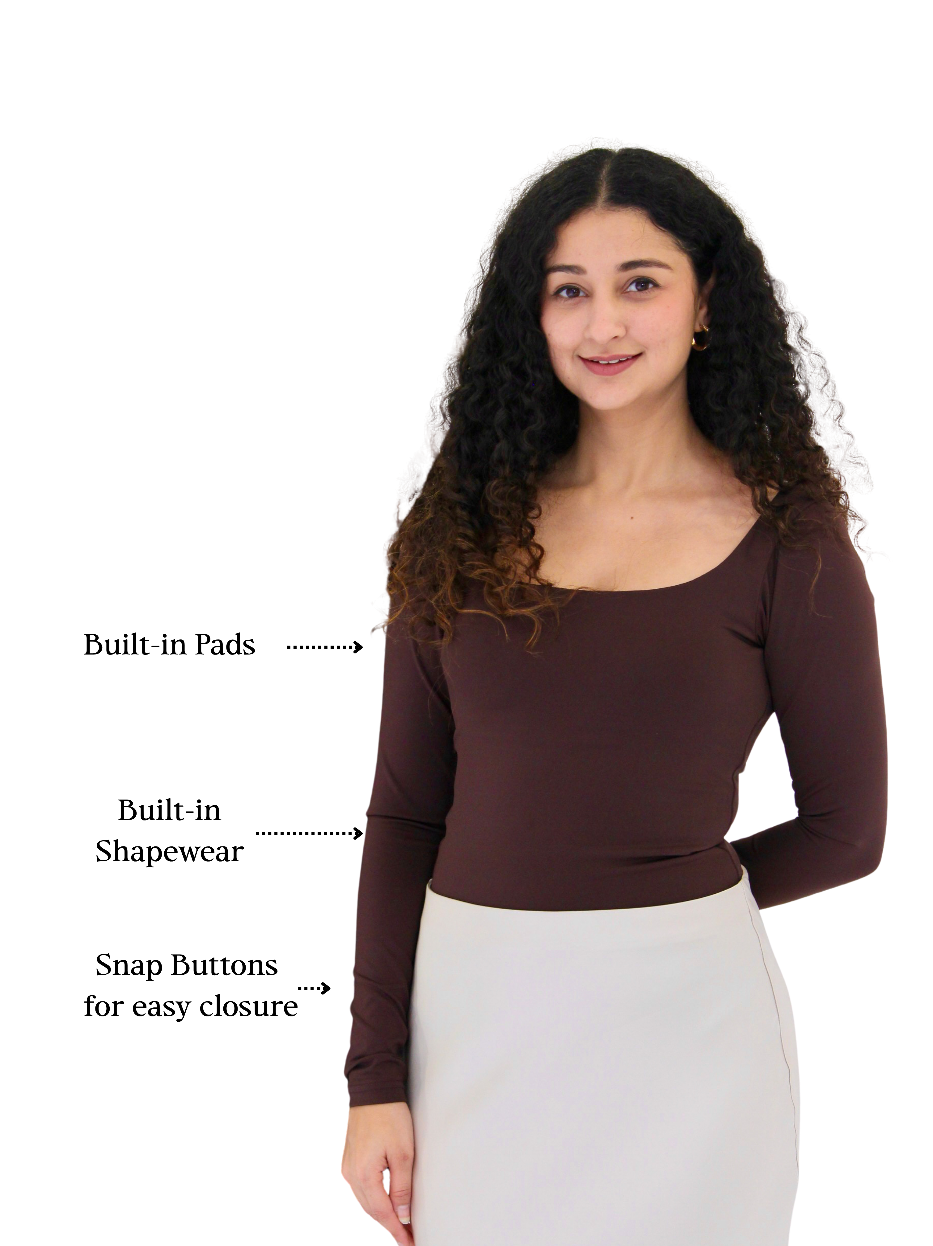 BROWN FULL SLEEVES BUILT-IN SHAPEWEAR BODYSUIT