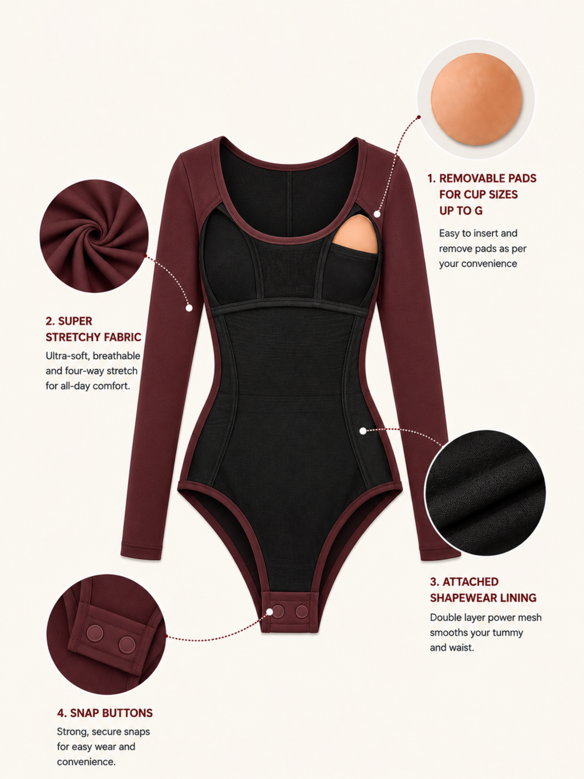 KAYSCULPT™ FULL SLEEVES BURGUNDY BUILT-IN BRA & SHAPEWEAR BODYSUIT