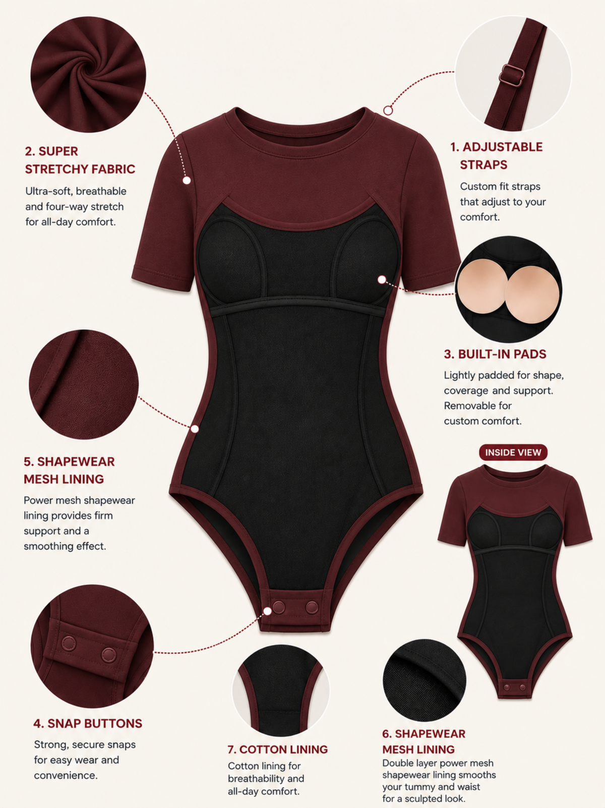 KAYSCULPT™ HALF SLEEVES BURGUNDY BUILT-IN BRA & SHAPEWEAR BODYSUIT